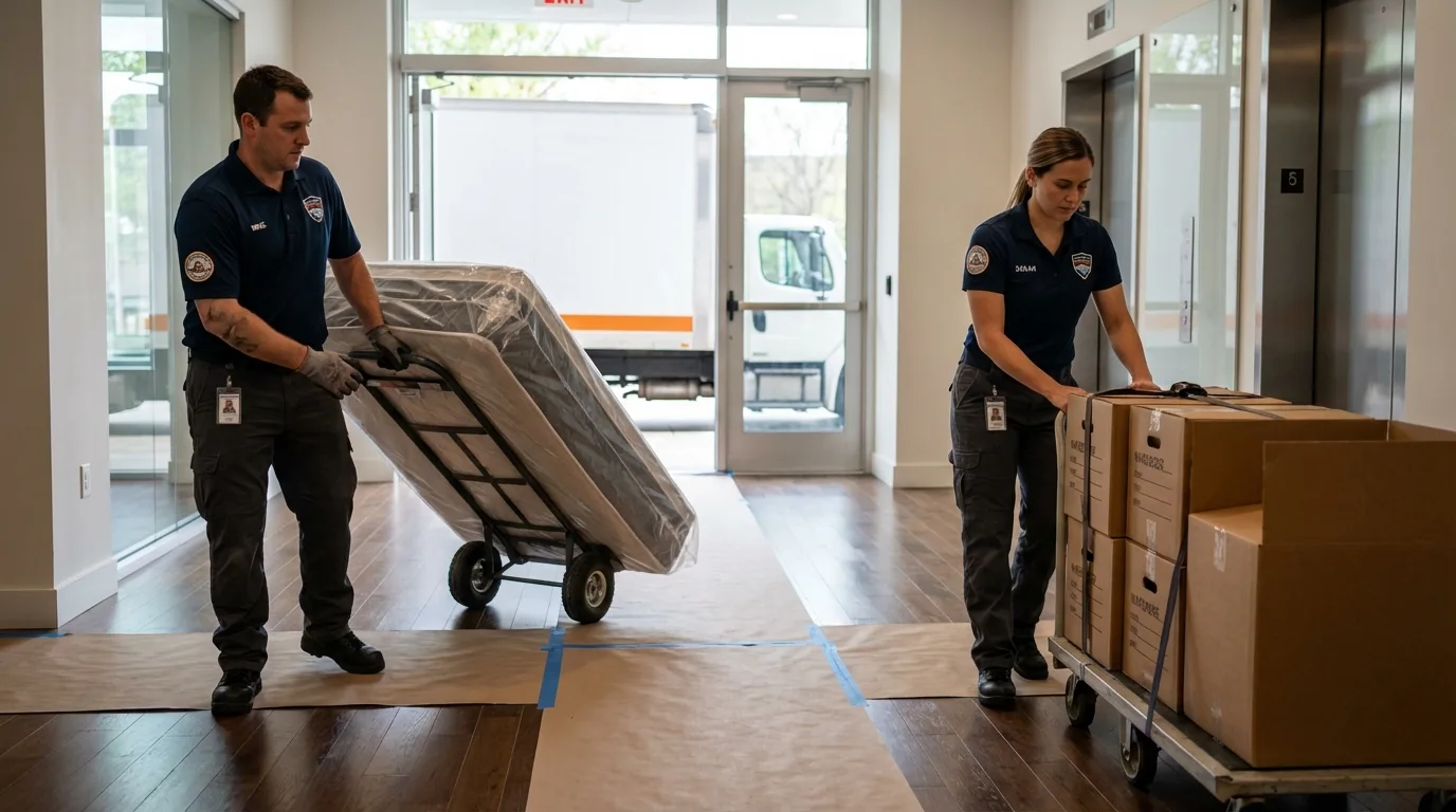 Professional apartment movers loading elevator in Hardwick, VT